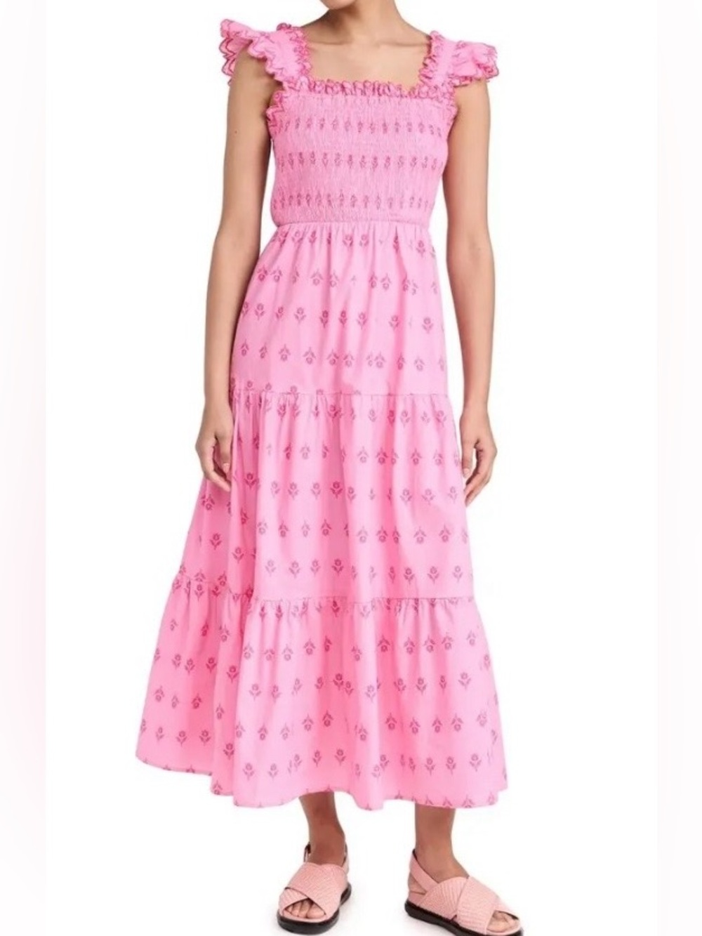 Moon River Pink floral smocked midi nap dress M
